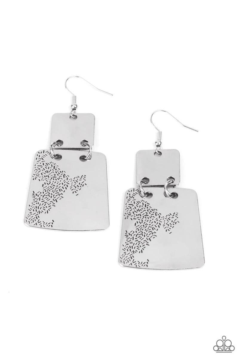 Paparazzi Accessories Tagging Along - Silver Stamped in an abstract pattern, a flared silver plate links to the bottom of a square silver frame, creating a rustic lure. Earring attaches to a standard fishhook fitting. Sold as one pair of earrings. Jewelry