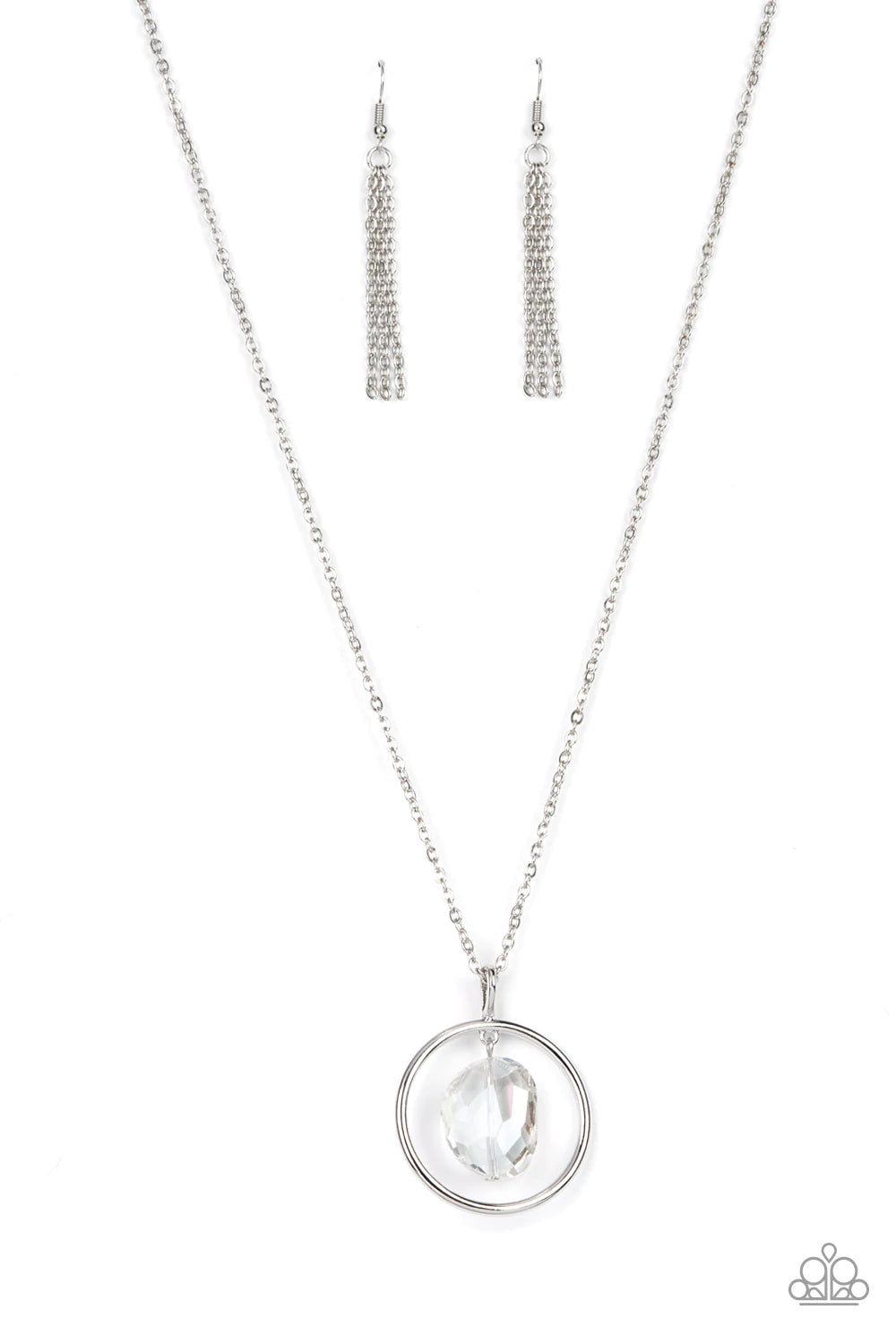 Paparazzi Accessories Hands-Down Dazzling - White Featuring an imperfect finish, a glittery iridescent crystal-like gem swings from the top of a classic silver hoop at the bottom of an extended silver chain for a glassy-glamorous fashion. Features an adju