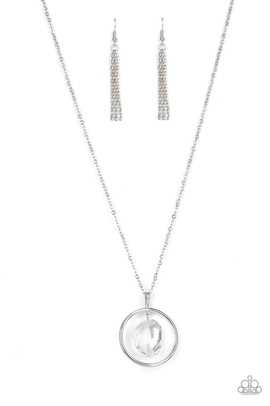 Paparazzi Accessories Hands-Down Dazzling - White Featuring an imperfect finish, a glittery iridescent crystal-like gem swings from the top of a classic silver hoop at the bottom of an extended silver chain for a glassy-glamorous fashion. Features an adju