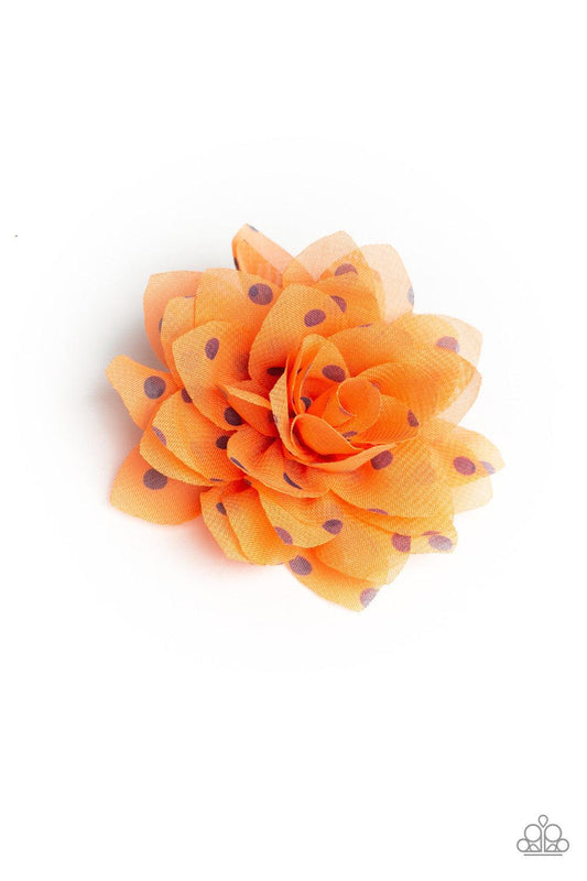 Paparazzi Accessories Dot Dot Dot - Orange Dotted in dainty polka dots, orange chiffon petals gather into an airy flower for a seasonal look. Features a standard hair clip on the back. Hair Accessories