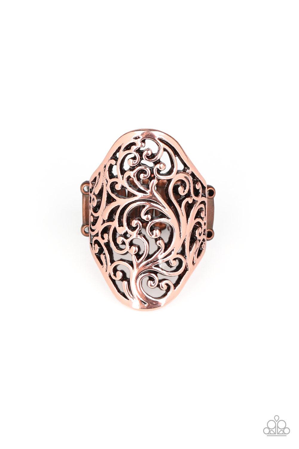 Paparazzi Accessories Vine Vibe - Copper Brushed in an antiqued shimmer, copper vine-like filigree branches across the finger for an airy look. Features a stretchy band for a flexible fit. Jewelry