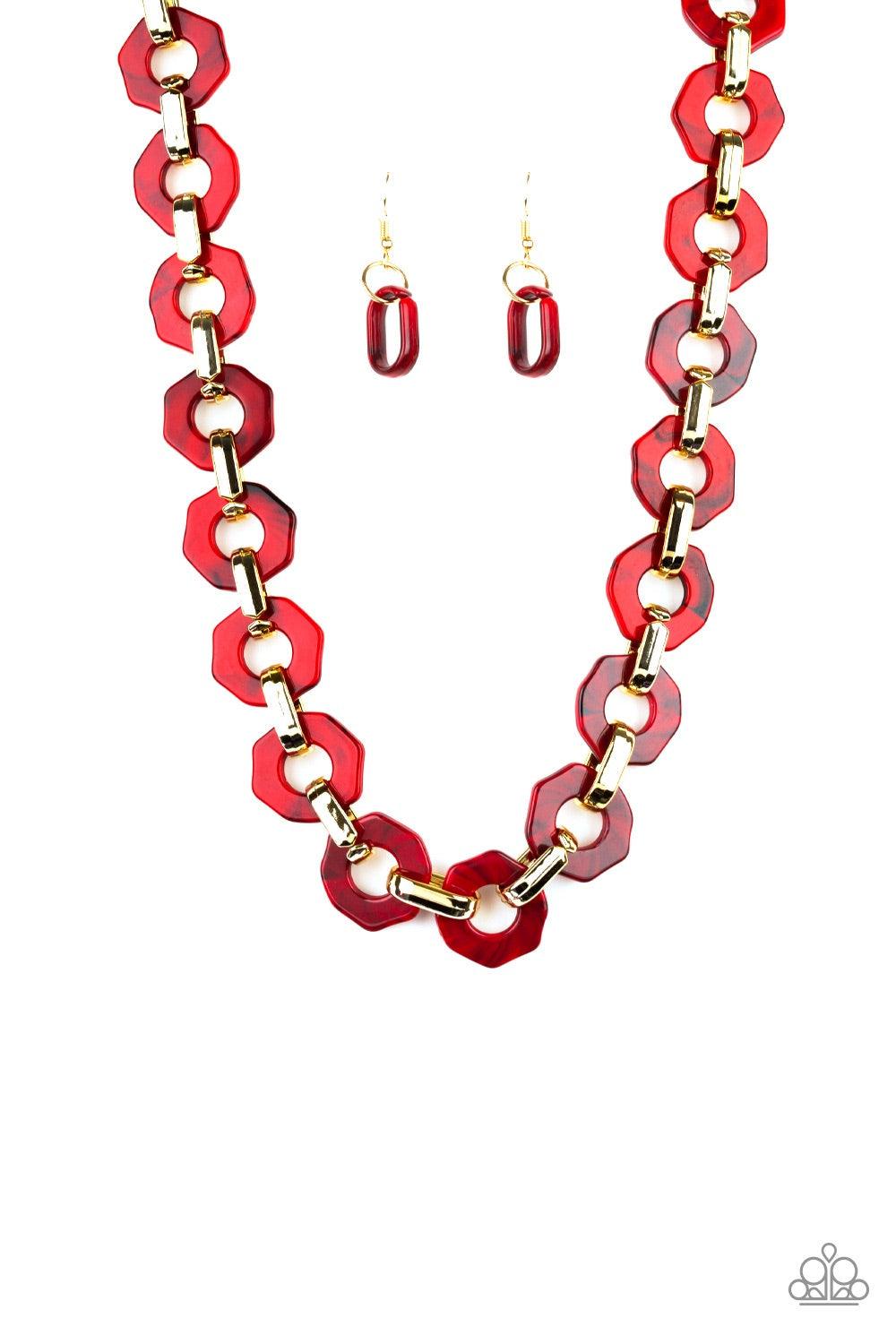 Paparazzi Accessories Fashionista Fever - Red Glistening gold fittings link with red hexagon-like acrylic frames below the collar for a seasonal flair. Features an adjustable clasp closure Jewelry