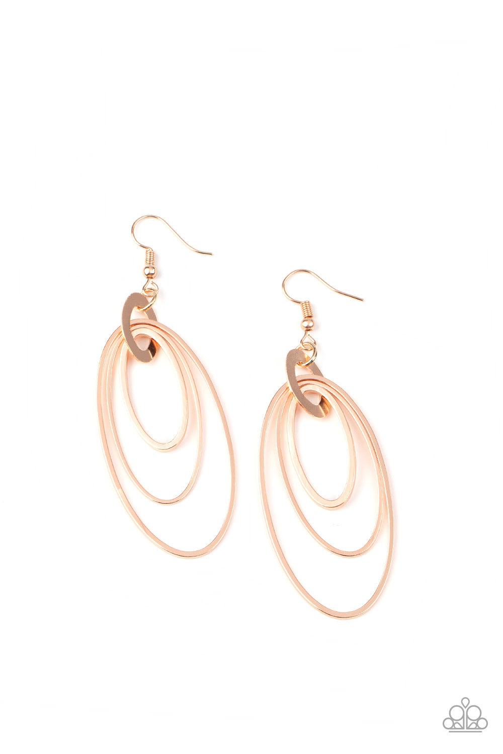Paparazzi Accessories Shimmer Surge - Rose Gold Gradually increasing in size, shiny rose gold ovals dangle from a flat oval fitting, creating a rippling fringe. Earring attaches to a standard fishhook fitting. Sold as one pair of earrings. Jewelry