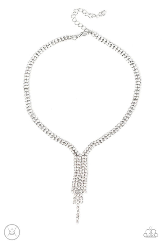 Paparazzi Accessories Double The Diva - White Interlocking strands of glittery white rhinestones wrap around the neck, creating double the drama as solitaire strands of rhinestones drip from a square center for a timelessly tasseled look. Features an adju