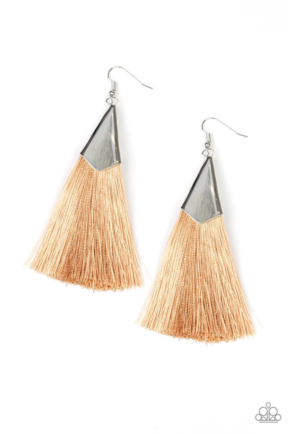 Paparazzi Accessories In Full PLUME - Brown A plume of shiny brown thread streams out from a triangular silver fitting, creating a flirty tassel. Earring attaches to a standard fishhook fitting. Jewelry