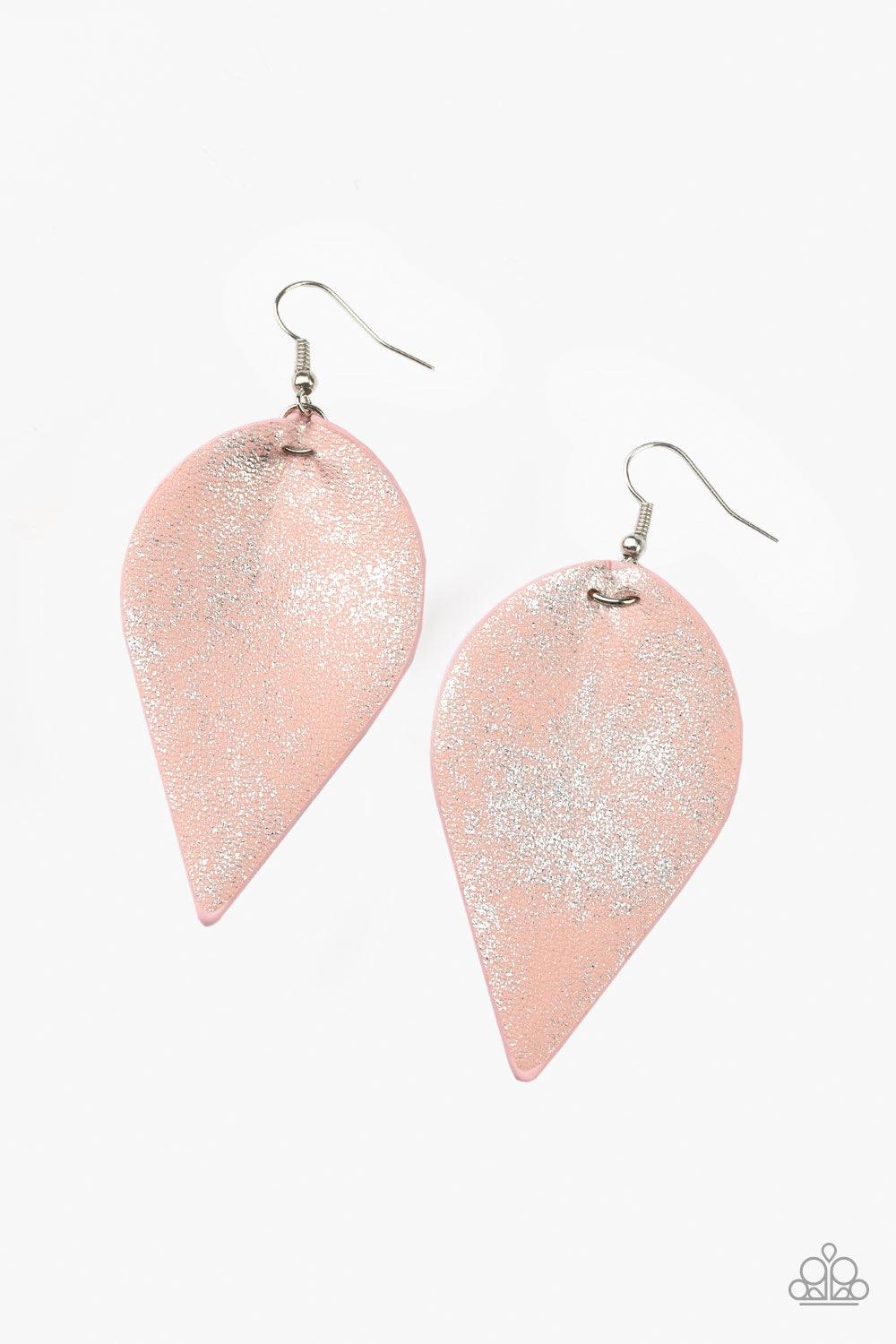 Paparazzi Accessories Enchanted Shimmer - Pink Dusted in a silvery shimmer, a leathery Coral Pink leaf swings from the ear for an enchanted look. Earring attaches to a standard fishhook fitting. Jewelry