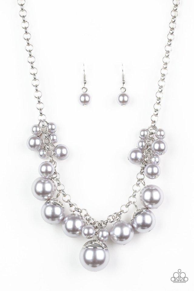 Paparazzi Accessories Broadway Belle - Silver Capped in shiny silver fittings, over-sized pearly gray beads and a collection of classic gray pearls swing from the bottom of a shimmery silver chain, creating a bubbly fringe below the collar. Features an ad