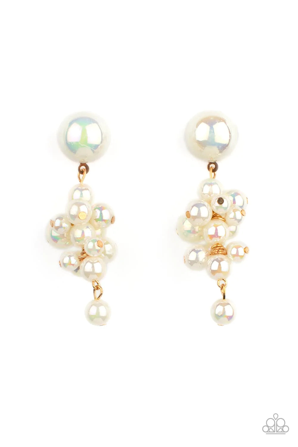 Paparazzi Accessories Don’t Rock The Yacht - Gold Featuring an iridescent shimmer, a bubbly collection of white pearls delicately cluster at the bottom of a matching half pearl fitting for an effervescently flirty look. Earring attaches to a standard post