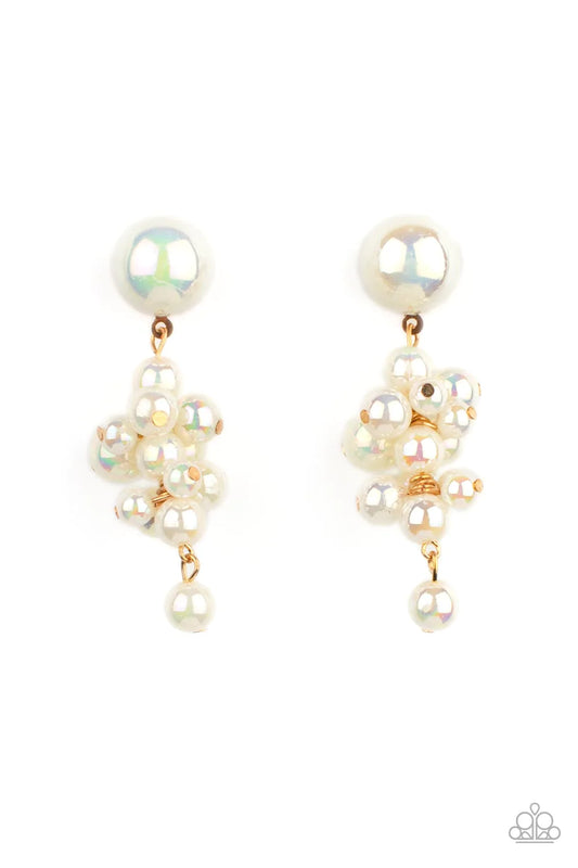 Paparazzi Accessories Don’t Rock The Yacht - Gold Featuring an iridescent shimmer, a bubbly collection of white pearls delicately cluster at the bottom of a matching half pearl fitting for an effervescently flirty look. Earring attaches to a standard post