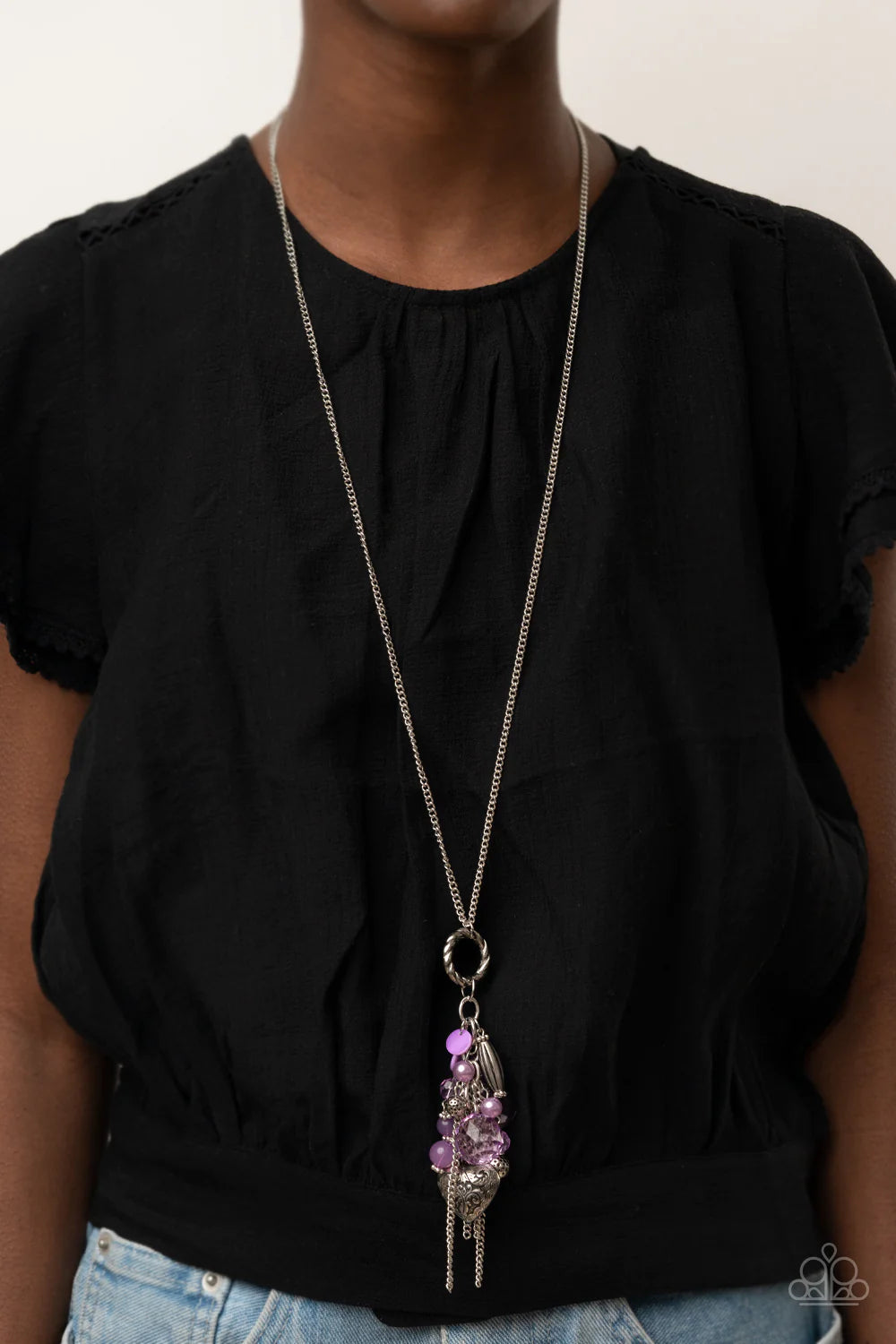 Paparazzi Accessories AMOR to Love - Purple Varying glassy, pearly, opaque, and shell-like finishes, a whimsical collection of crystal-like and classic Amethyst Orchid beads delicately cluster along a silver chain swinging from the bottom of a textured si
