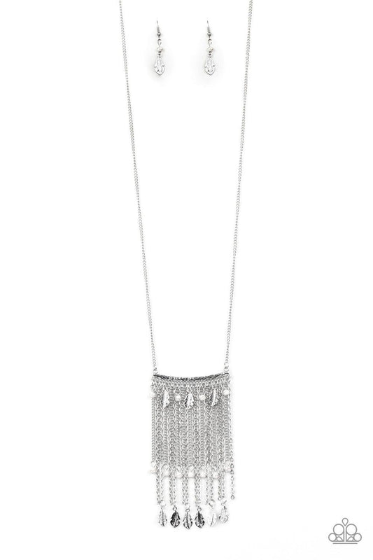 Paparazzi Accessories On The Fly - White Attached to a lengthened silver chain, a hammered silver bar gives way to a fringe of shimmery silver chain, white stone beads, and silver feather frames for a seasonal look. Features an adjustable clasp closure. S