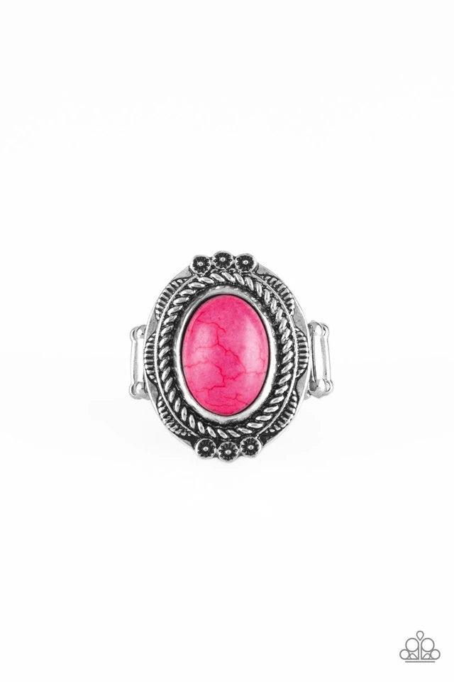 Paparazzi Accessories Tumbling’ Tumbleweed - Pink A vivacious pink stone is pressed into an antiqued silver frame radiating with floral detail for a seasonal look. Features a stretchy band for a flexible fit. Jewelry