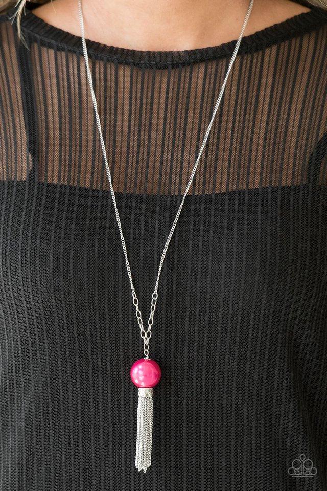 Paparazzi Accessories Belle Of The BALLROOM - Pink A dramatic pearly Granita bead swings from the bottom of an elegantly elongated silver chain. Featuring a hammered fitting, a silver tassel streams from the bottom of the colorful pendant for a whimsical