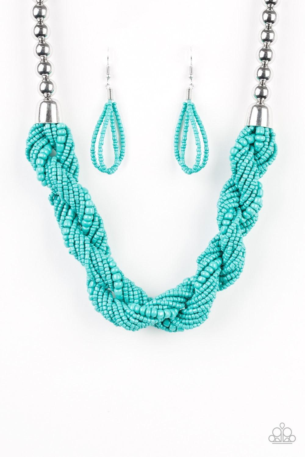 Paparazzi Accessories Savannah Surfin - Blue Glistening silver beads give way to strands of twisting turquoise seed beads below the collar for a summery flair. Features an adjustable clasp closure. Jewelry