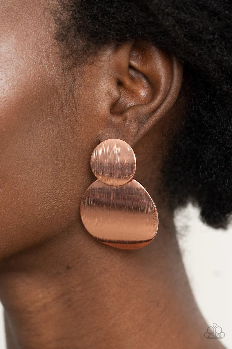 Paparazzi Accessories Here Today, GONG Tomorrow - Copper Delicately scratched in shimmer, curved shiny copper discs link into a stacked lure for a blinding metallic look. Earring attaches to a standard post fitting. Sold as one pair of post earrings. Jewe