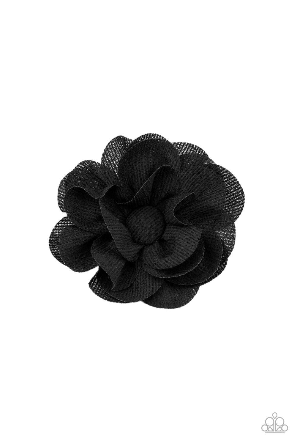 Paparazzi Accessories Summer Soirée - Black Black textured chiffon petals delicately gather around a matching button-top center, layering into a whimsical blossom. Features a standard hair clip on the back. Sold as one individual hair clip. Hair Accessori