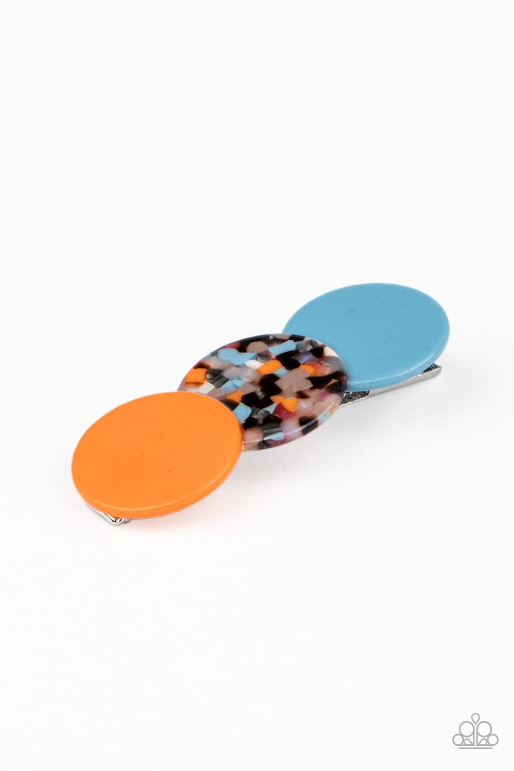Paparazzi Accessories HAIR Comes the Sun - Orange Featuring polished and shell-like finishes, a trio of orange, multicolored tortoise shell, and blue acrylic circles delicately overlap into a bubbly frame. Features a standard hair clip on the back. Sold a