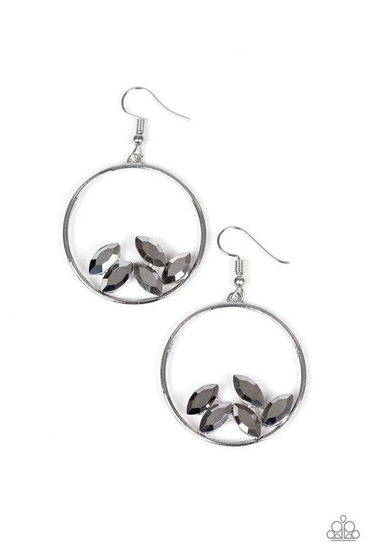 Paparazzi Accessories Cue the Confetti - Silver Glittery hematite marquise-cut rhinestones collect at the bottom of an airy silver hoop for a glamorous look. Earring attaches to a standard fishhook fitting. Sold as one pair of earrings. Jewelry