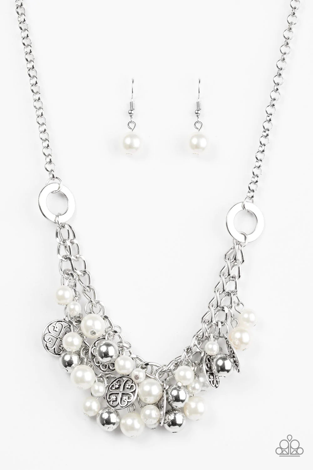 Paparazzi Accessories Cinderella Glam - White Classic white pearls, shiny silver beads, and shimmery silver accents swing from the bottom of interlocking silver chains, creating a bold fringe below the collar for a glamorous look. Features an adjustable c