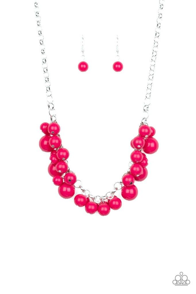 Paparazzi Accessories Walk This BROADWAY - Pink A collection of bubbly pink beads swings from the bottom of a shimmery silver chain, creating a vivacious fringe below the collar. Features an adjustable clasp closure. Sold as one individual necklace. Inclu