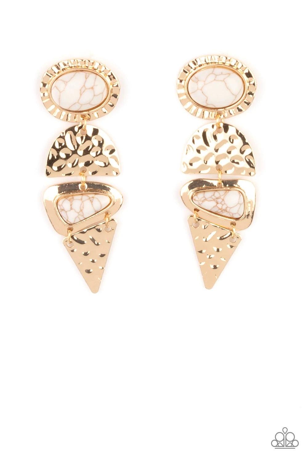 Paparazzi Accessories Earthly Extravagance - Gold Dotted with oval and triangular white stone accents, mismatched gold frames alternate with hammered geometric gold plates, creating an elegantly earthy lure. Earring attaches to a standard post fitting. So