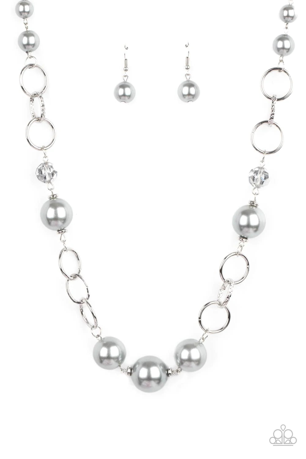 Paparazzi Accessories New Age Novelty - Silver Sections of bold silver links, oversized silver pearls, and , metallic flecked crystal-like beads haphazardly connect below the collar, creating a dramatic display. Features an adjustable clasp closure. Sold