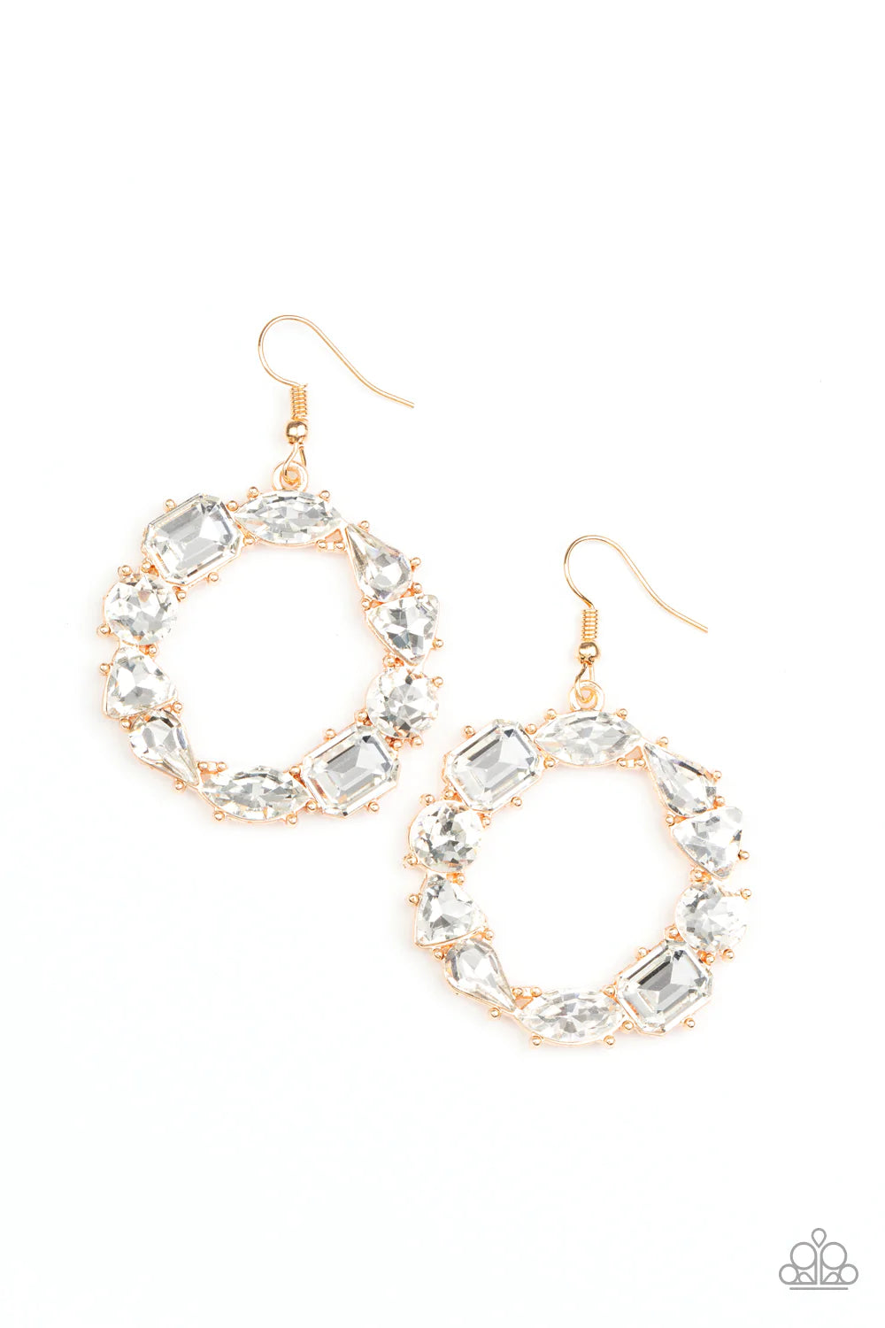 Paparazzi Accessories GLOWING in Circles - Gold Featuring glistening gold fittings, a regal assortment of round, triangular, teardrop, marquise, and emerald cut white rhinestones delicately coalesce into a jaw-dropping hoop. Earring attaches to a standard