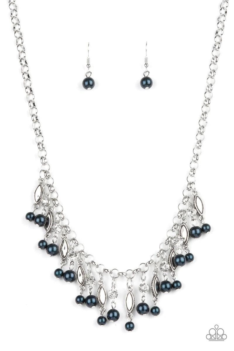 Paparazzi Accessories Cosmopolitan Couture - Blue Bubbly blue pearls swing from the bottoms of glittery white rhinestones and studded silver frames that alternate along a chunky silver chain, creating a glamorous fringe below the collar. Features an adjus