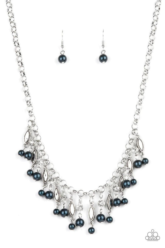Paparazzi Accessories Cosmopolitan Couture - Blue Bubbly blue pearls swing from the bottoms of glittery white rhinestones and studded silver frames that alternate along a chunky silver chain, creating a glamorous fringe below the collar. Features an adjus