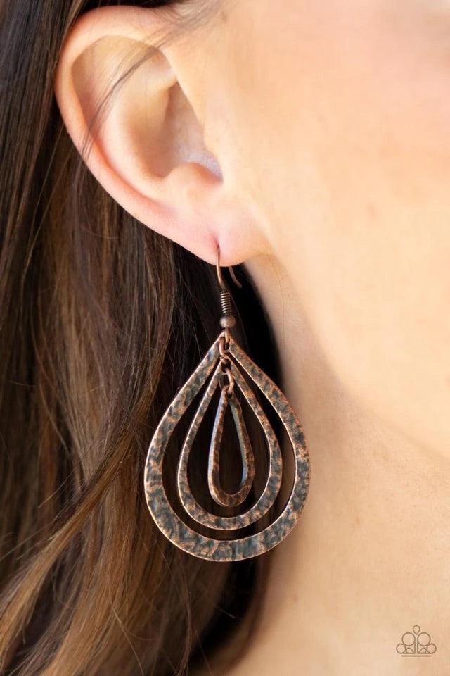 Paparazzi Accessories Plains Pathfinder - Copper Hammered in a rustic finish, three distressed copper teardrops delicately link into a gritty lure for a seasonal look. Earring attaches to a standard fishhook fitting. Jewelry