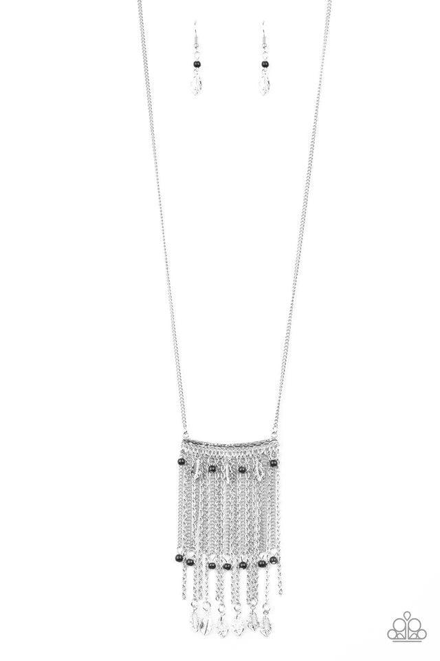 Paparazzi Accessories On The Fly - Black Attached to a lengthened silver chain, a hammered silver bar gives way to a fringe of shimmery silver chain, dainty black beads, and silver feather frames for a seasonal look. Features an adjustable clasp closure.