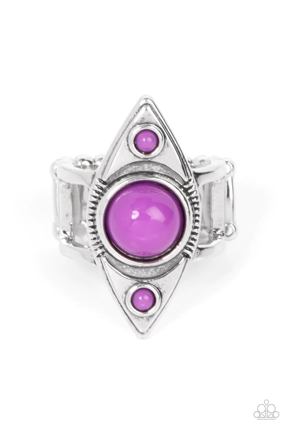 Paparazzi Accessories Pivoting Point - Purple Three bubbly purple beads stack across the front of a textured silver oblong frame, resulting in a playful pop of color atop layered silver bands. Features a stretchy band for a flexible fit. Jewelry