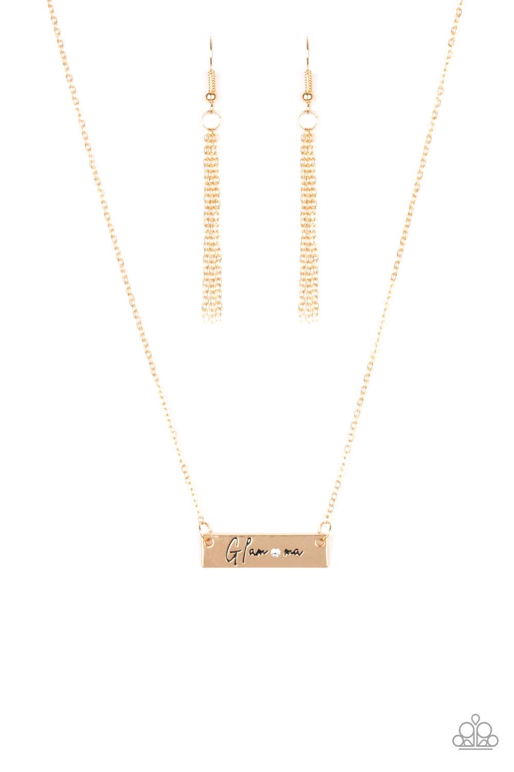 Paparazzi Accessories The GLAM-Ma - Gold Dotted with a dainty white rhinestone, a gold rectangular frame stamped in the sassy word, "Glam-ma", is suspended below the collar by a dainty gold chain for a glamorous look. Features an adjustable clasp closure.
