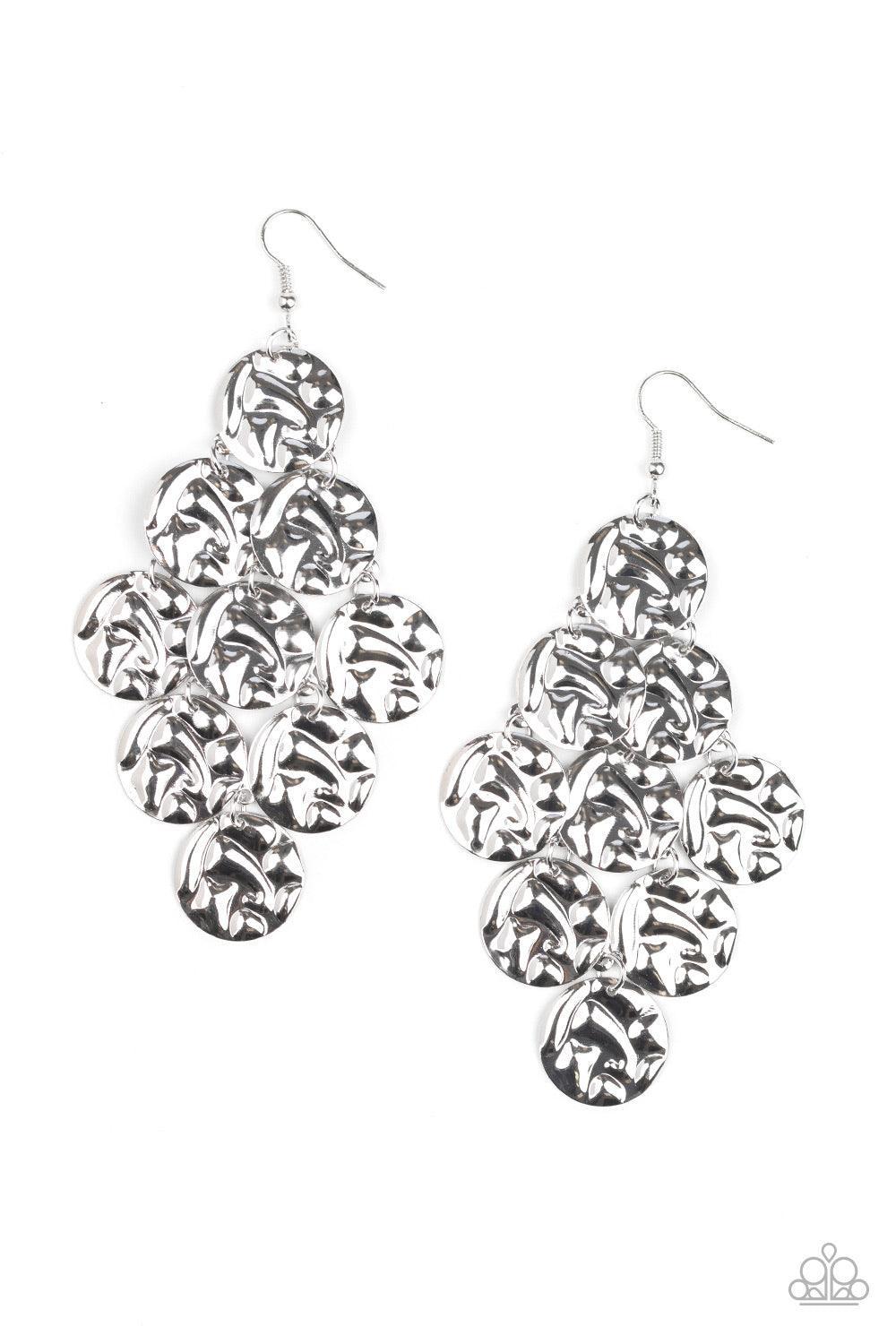 Paparazzi Accessories Metro Trend - Silver Embossed in a tactile pattern, glistening silver discs cascade from the ear, creating an edgy lure. Earring attaches to a standard fishhook fitting. Jewelry