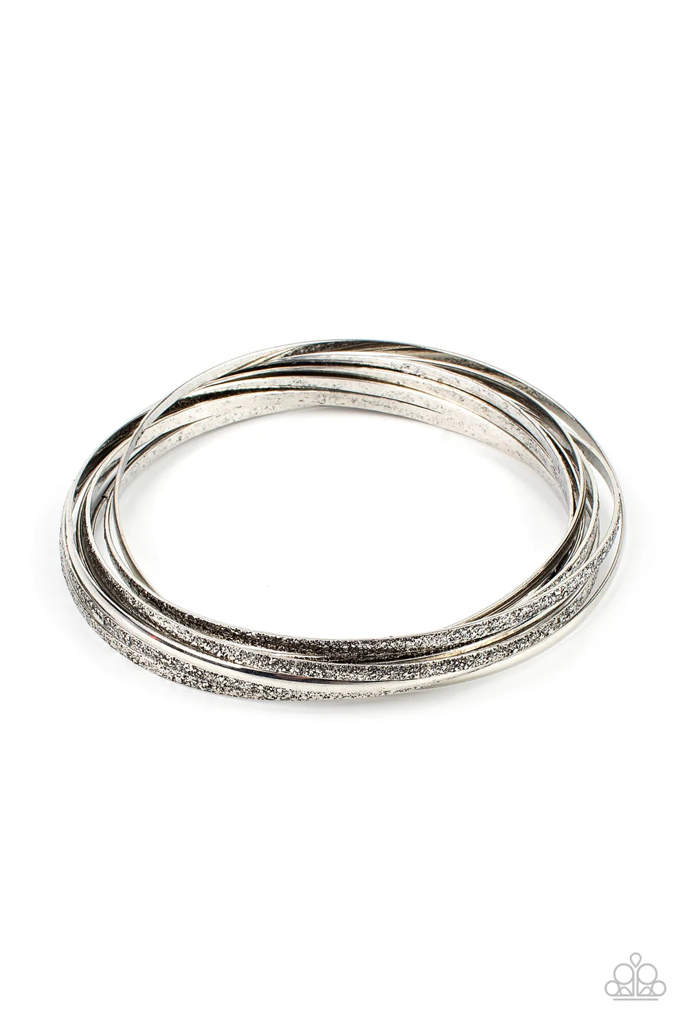 Paparazzi Accessories Suddenly Synced - Silver Rustic textured silver and shiny bangles create a tinkling musical chime as they link together rhythmically around the wrist. Sold as one individual bracelet. Jewelry
