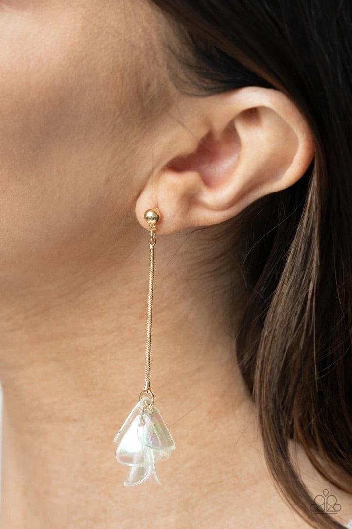 Paparazzi Accessories Keep Them In Suspense - Gold Iridescent acrylic petals delicately cluster at the bottom of a shiny gold chain, creating an ethereal tassel. Earring attaches to a standard post fitting. Sold as one pair of post earrings. Jewelry
