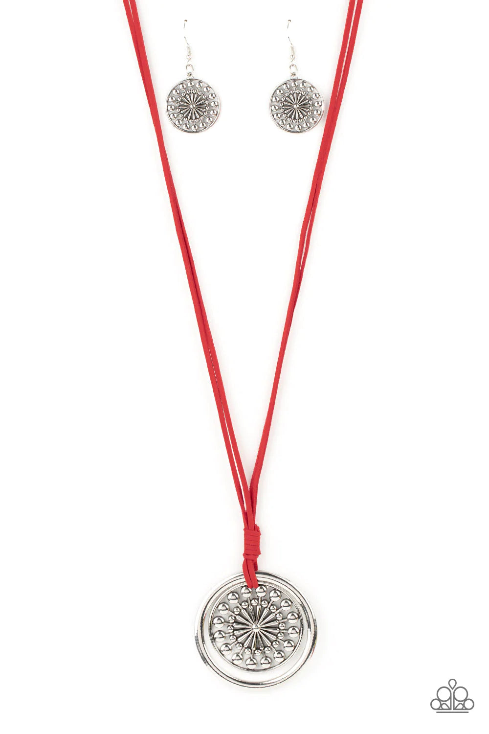 Paparazzi Accessories One MANDALA Show - Red A lengthened piece of red suede cording is knotted around a silver ring and a decorative studded silver frame, creating a whimsy mandala-like pendant. Features an adjustable clasp closure. Sold as one individua