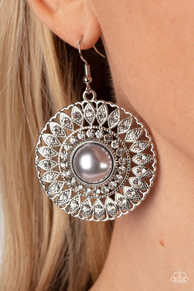 Paparazzi Accessories Glorified Glitz - Silver White rhinestone dotted silver petals fan out from a silver pearl dotted center, resulting in a radiant centerpiece. Earrings attach to a standard fishhook fitting.