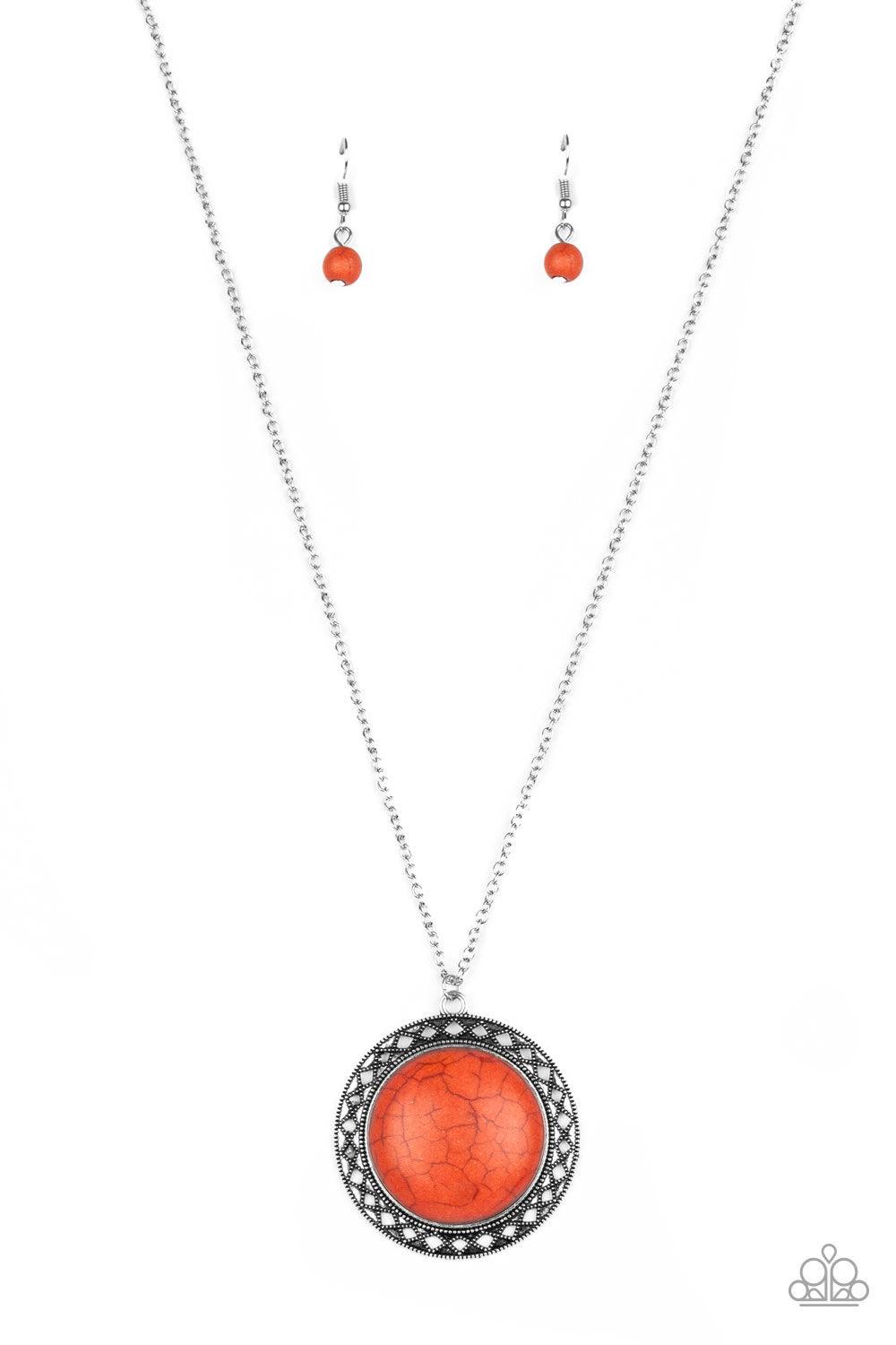 Paparazzi Accessories Run Out Of RODEO - Orange A vivacious orange stone is pressed into the center of a shimmery silver frame radiating with sunburst details. The earthy frame swings from the bottom of a lengthened silver chain for a seasonal finish. Fea