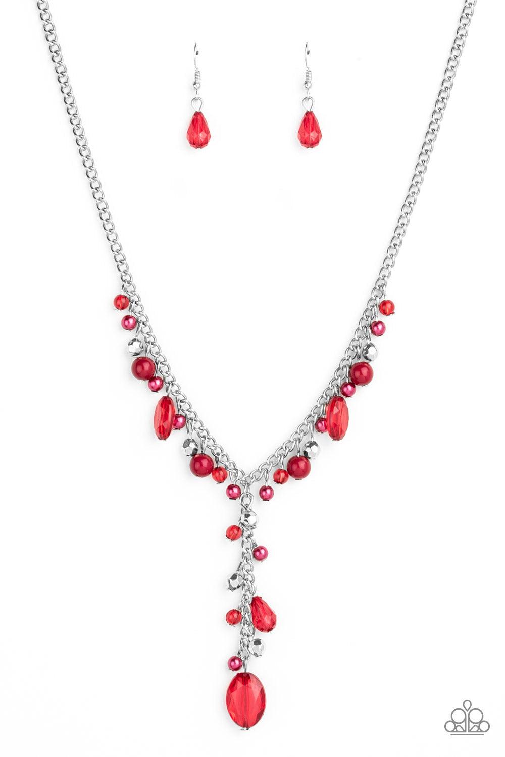 Paparazzi Accessories Crystal Couture - Red Mismatched polished red beads, crystal-like beads, and faceted silver beads dance along a shimmery silver chain. Matching beading trickles along a single silver chain, creating a romantic extended pendant below