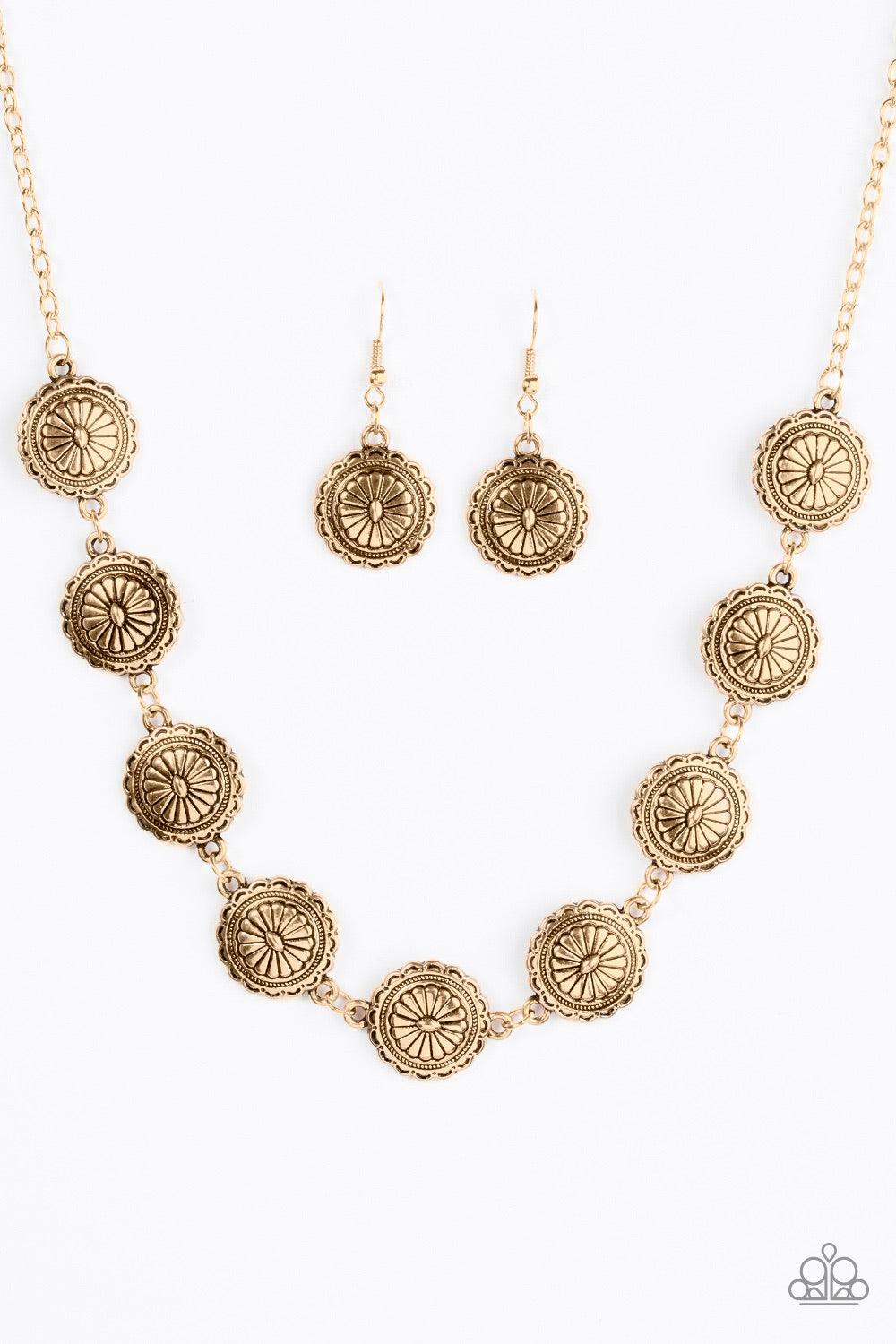 Paparazzi Accessories Pleasantly Prairie - Gold Brushed in an antiqued finish, glistening floral frames link together below the collar for a seasonal look. Features an adjustable clasp closure. Sold as one individual necklace. Includes one pair of matchin