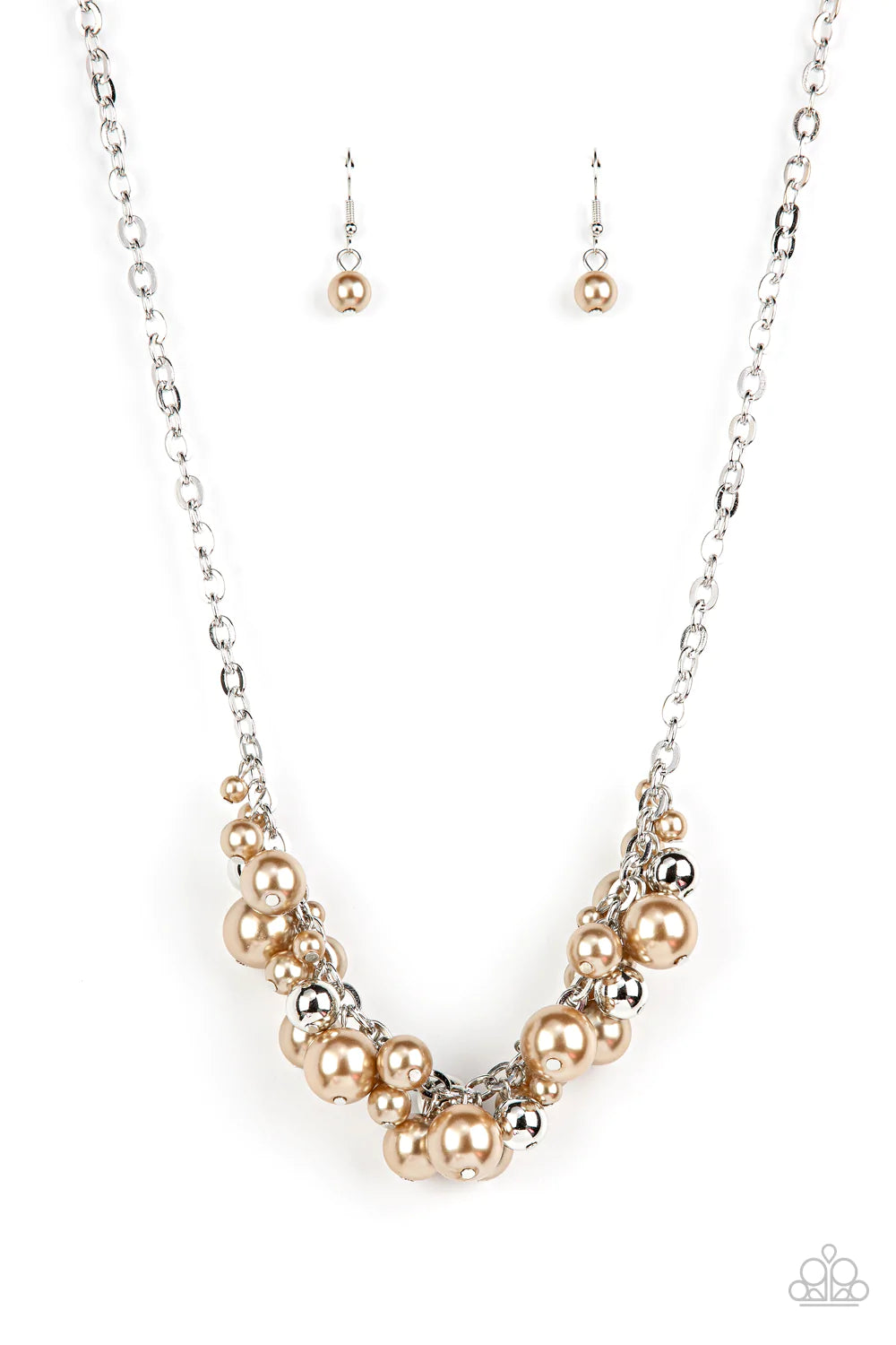 Paparazzi Accessories Classical Culture - Brown An effervescent collection of bubbly brown pearls and shiny silver beads delicately cluster along the center of an ornate silver chain, creating a classic fringe below the collar. Features an adjustable clas