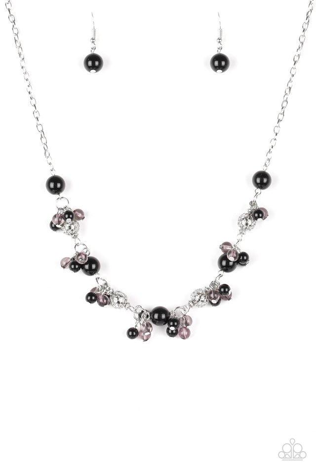 Paparazzi Accessories Weekday Wedding -Black Wrapped in shimmery wire mesh, classic silver beads and shiny black beads trickle along a glistening silver chain below the collar. Featuring glassy and polished finishes, clusters of dainty black beads dangle