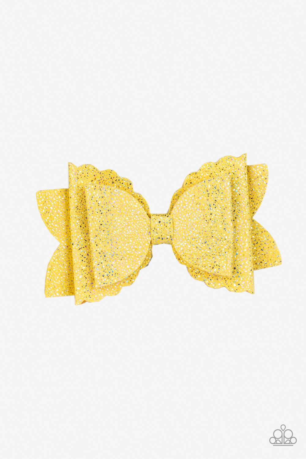 Paparazzi Accessories Sugar Rush - Yellow Dusted in sparkle, glittery yellow suede delicately knots into a dainty bow. Features a standard hair clip on the back. Hair Accessories