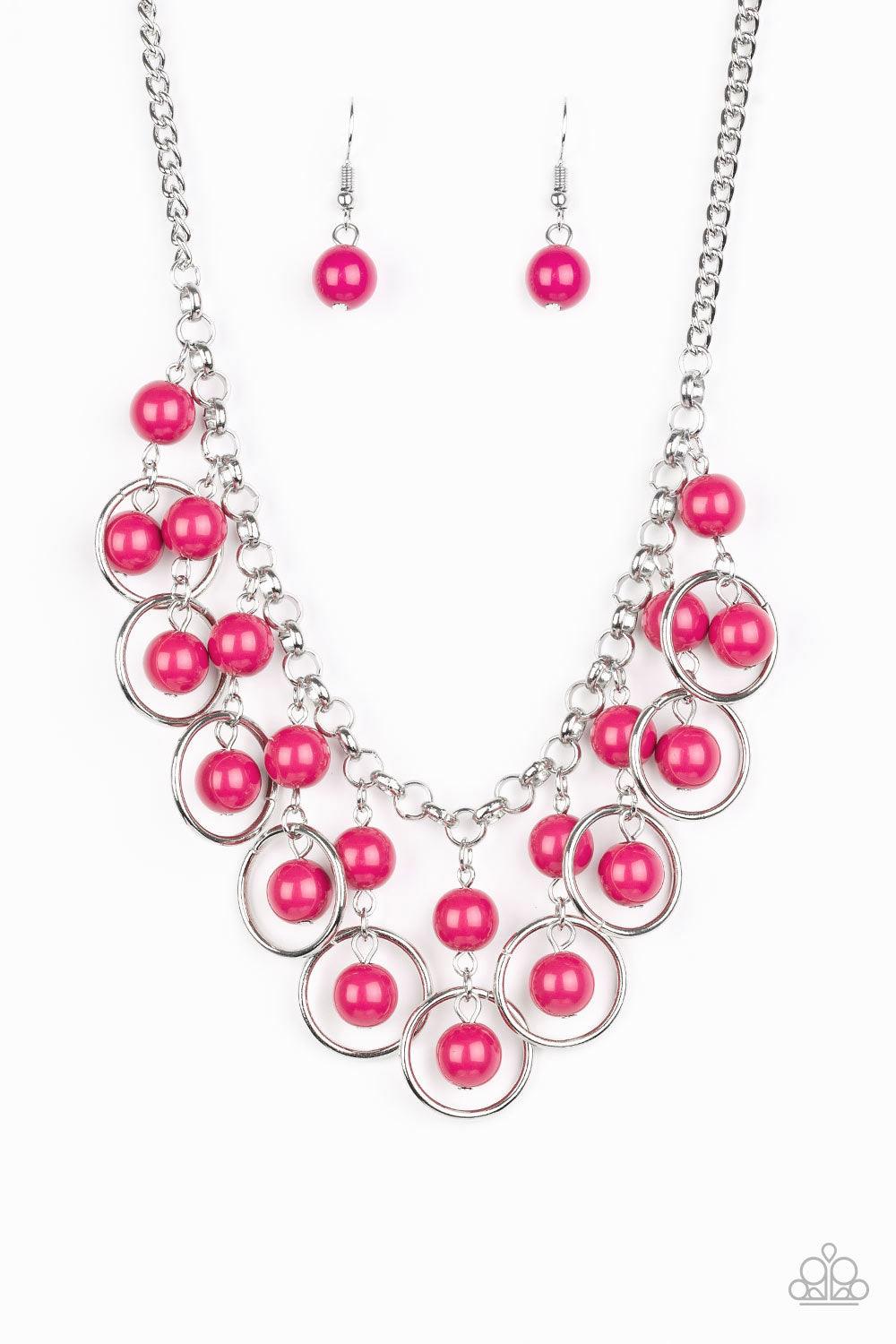 Paparazzi Accessories Really Rococo - Pink Polished pink beads and shimmery silver hoops drip from the bottom of a glistening silver chain, creating a playful fringe below the collar. Features an adjustable clasp closure. Sold as one individual necklace.