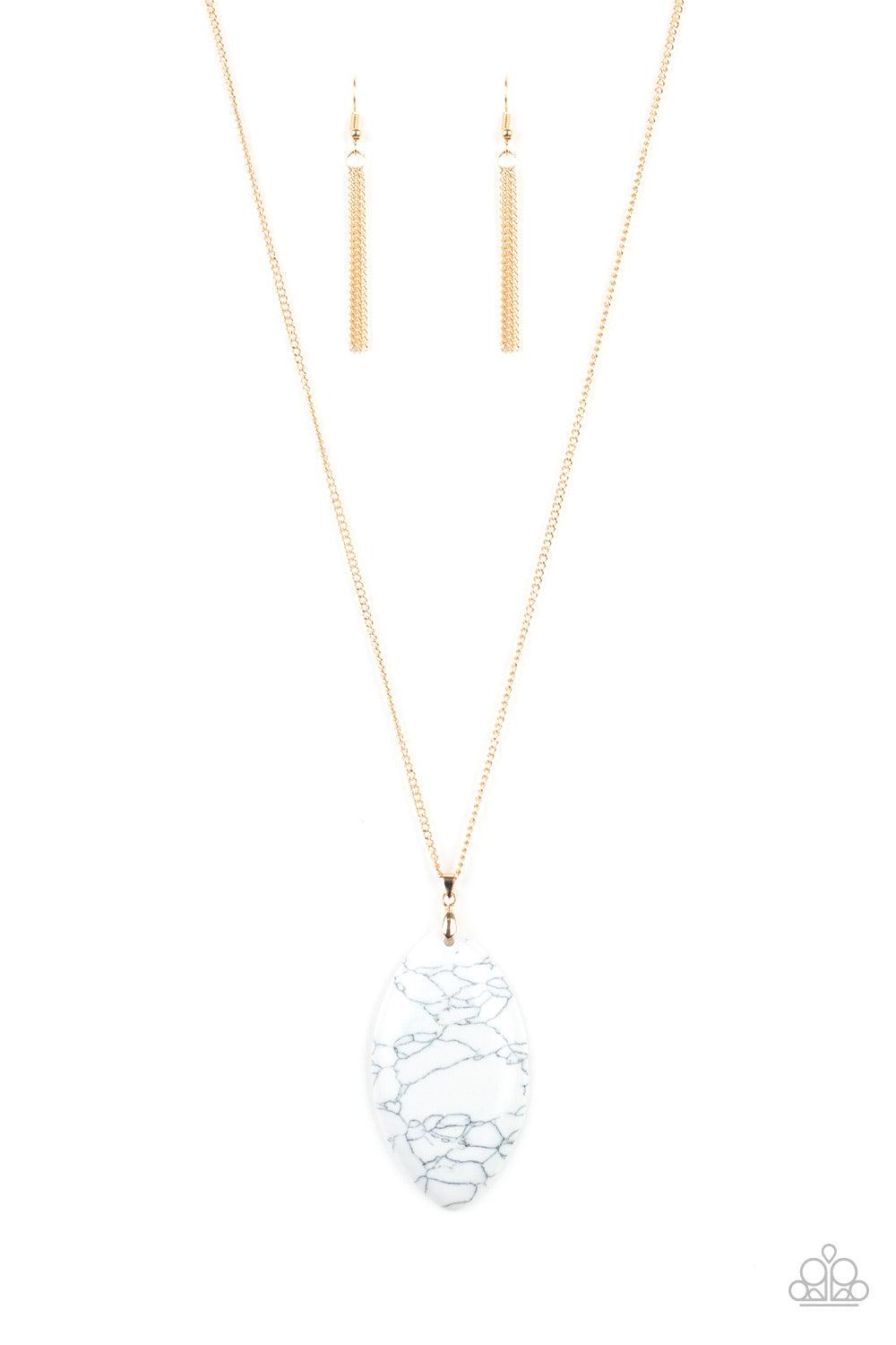 Paparazzi Accessories Santa Fe Simplicity - White Chiseled into a tranquil almond-shape, an oversized white stone pendant swings from the bottom of a lengthened gold chain in a seasonal fashion. Features an adjustable clasp closure. Jewelry