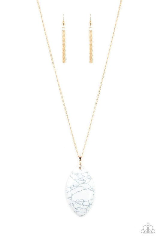 Paparazzi Accessories Santa Fe Simplicity - White Chiseled into a tranquil almond-shape, an oversized white stone pendant swings from the bottom of a lengthened gold chain in a seasonal fashion. Features an adjustable clasp closure. Jewelry