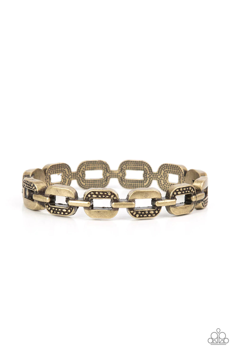Paparazzi Accessories Powerhouse Plunder - Brass Alternating in sections of rustic dotted texture, an oversized collection of brass chain links interlock into a solid bangle-like bracelet around the wrist. Features a hinged closure. Sold as one individual