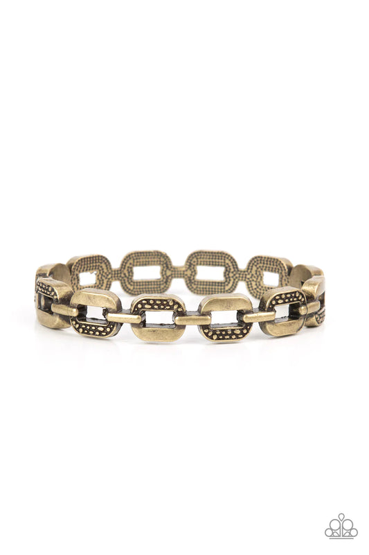 Paparazzi Accessories Powerhouse Plunder - Brass Alternating in sections of rustic dotted texture, an oversized collection of brass chain links interlock into a solid bangle-like bracelet around the wrist. Features a hinged closure. Sold as one individual