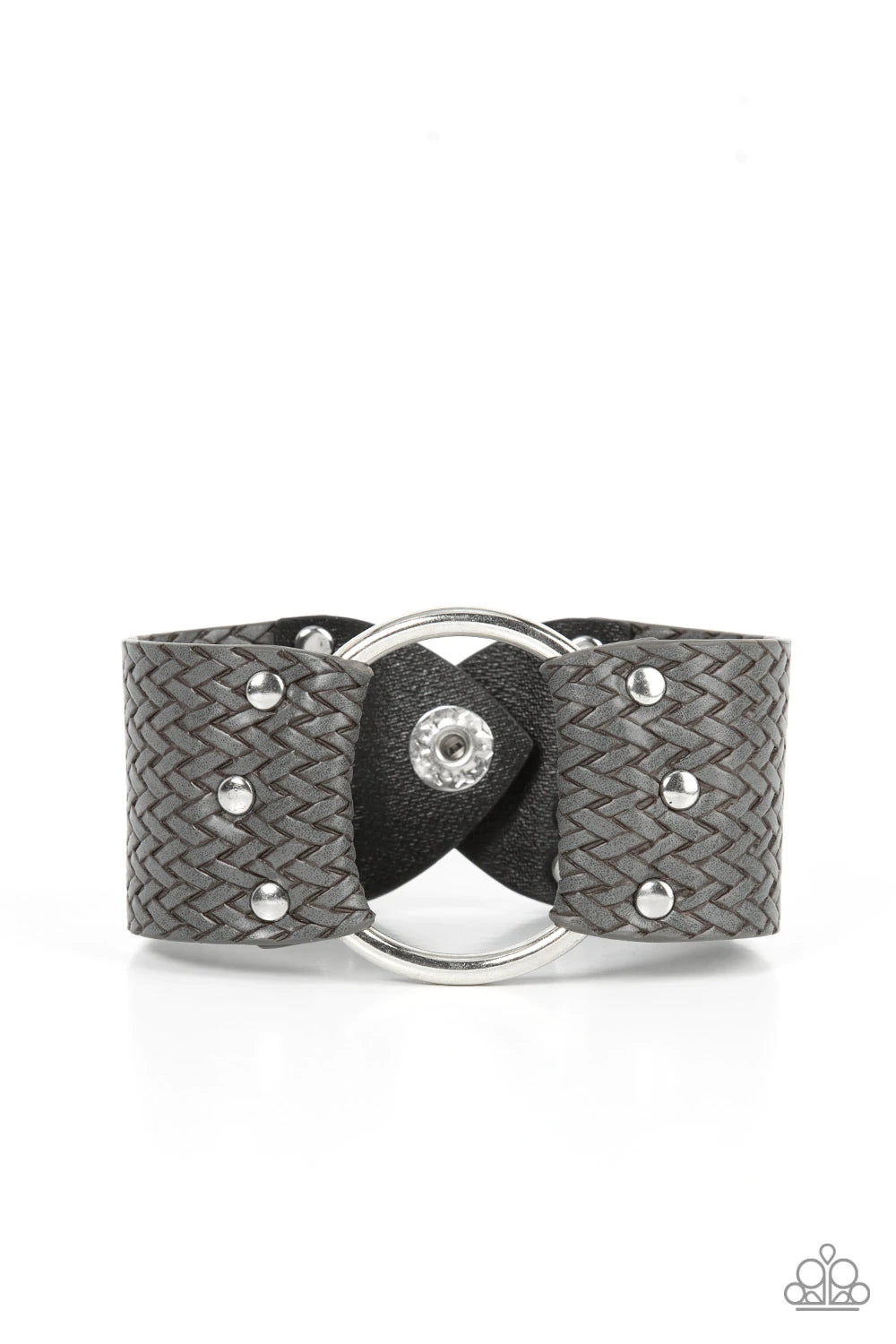 Paparazzi Accessories Aspiring Adventurist - Silver An oversized silver ring is studded in place across the center of the wrist between two pieces of textured gray leather bands, resulting in a rustic centerpiece around the wrist. Features an adjustable s